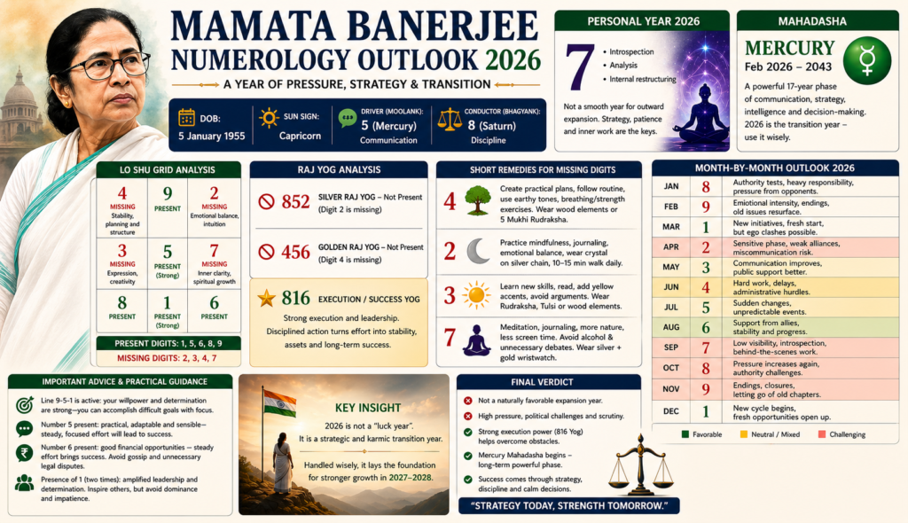 Mamata Banerjee’s 2026 Numerology Outlook: A Year of Pressure, Strategy, and Transition