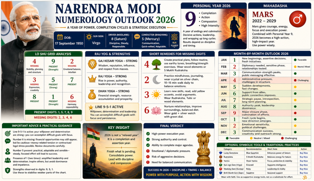Narendra Modi’s 2026 Numerology Outlook: Power, Pressure, and Strategic Execution